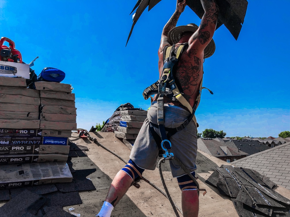 Harnessed Beaudry roofer hauling torn-off shingles overhead with bundles staged on the ridge